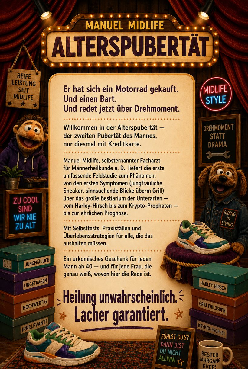 Rückseite des Buches mit Klappentext im Marquee-Rahmen, umgeben von Schuhkartons und einem Plüsch-Hund in Jeansjacke.