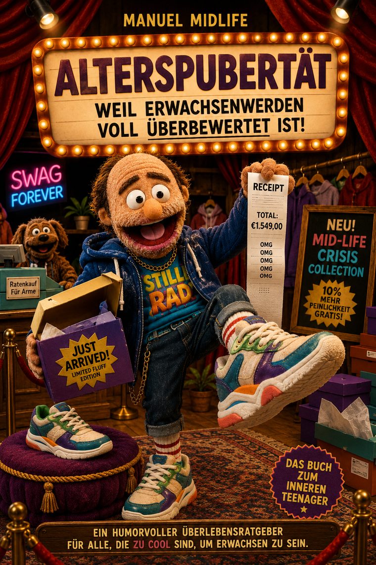 Buchcover: Alterspubertät von Manuel Midlife – ein Plüsch-Mann mit Bart, Kapuzenjacke und neuen Sneakern hält einen langen Kassenbon hoch.